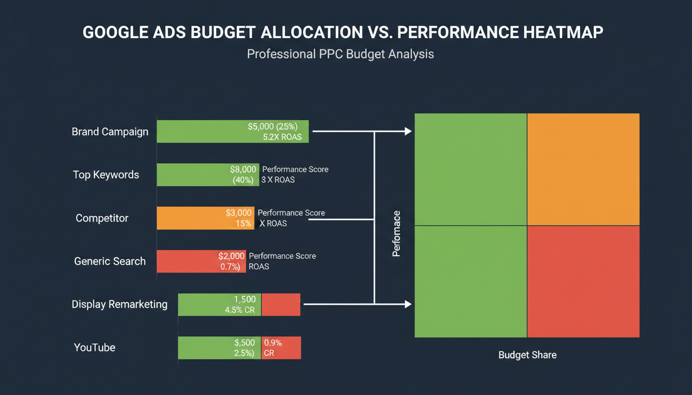 Google Ads budget allocation vs performance heatmap showing which campaign types waste spend and which drive results