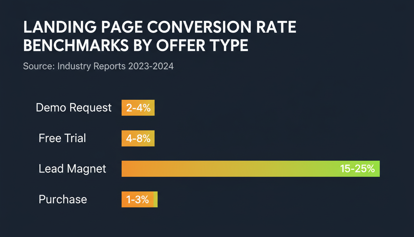 Landing page conversion rate benchmarks by offer type: demo request 2-4%, free trial 4-8%, lead magnet 15-25%, purchase 1-3%