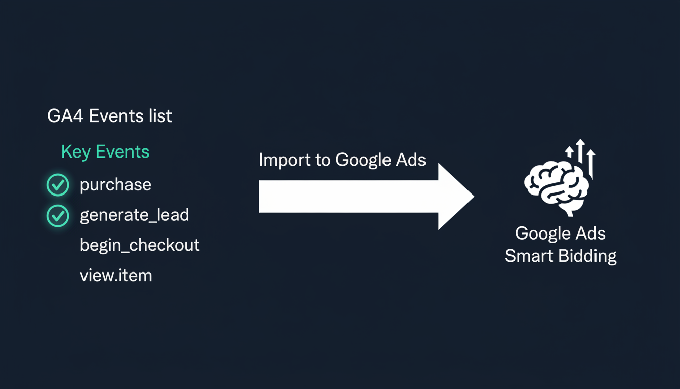 GA4 conversion events import pipeline showing which events flow from GA4 into Google Ads Smart Bidding