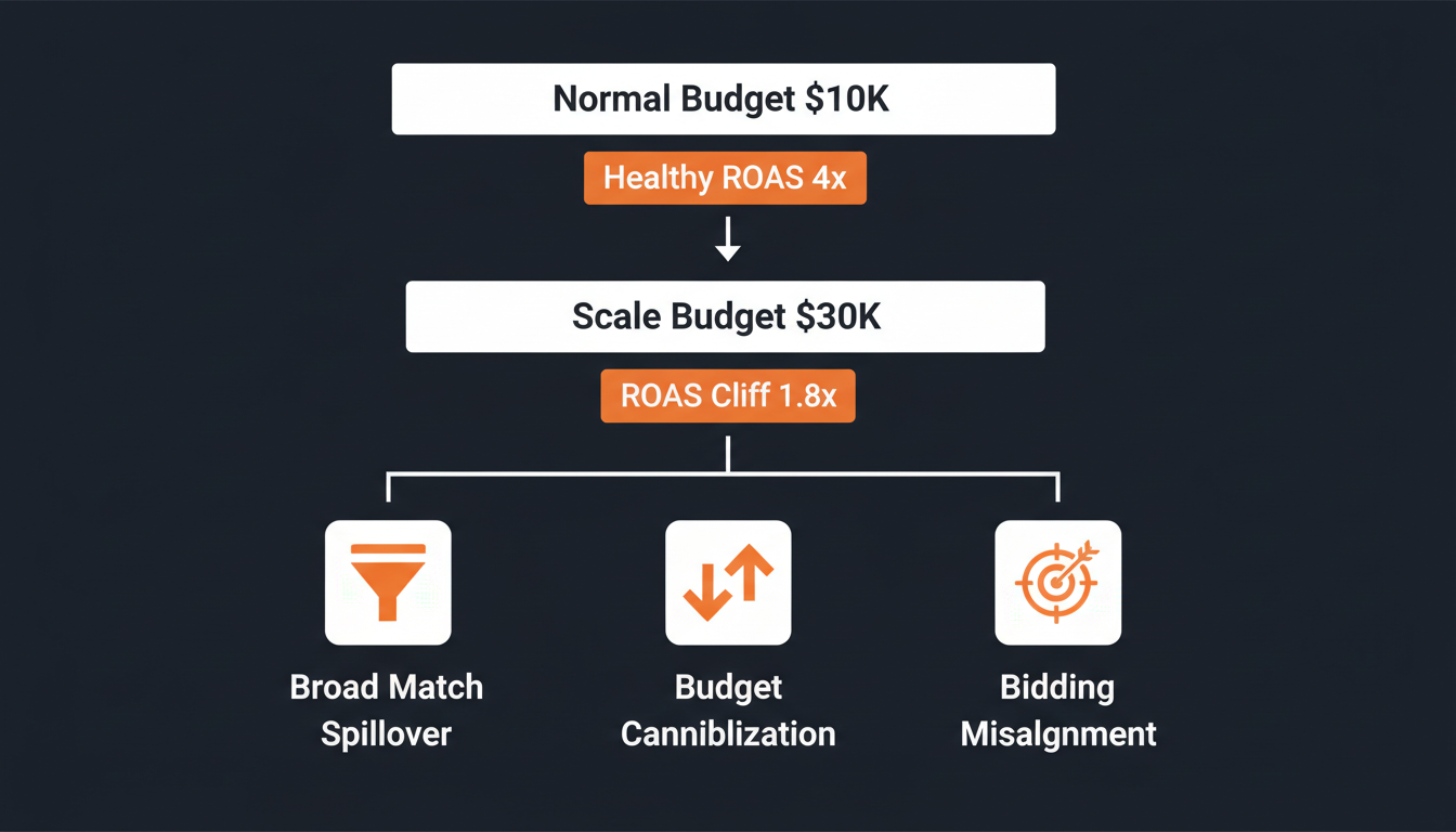 ROAS diagnosis flowchart showing the three structural causes of Google Ads performance degradation when scaling budget