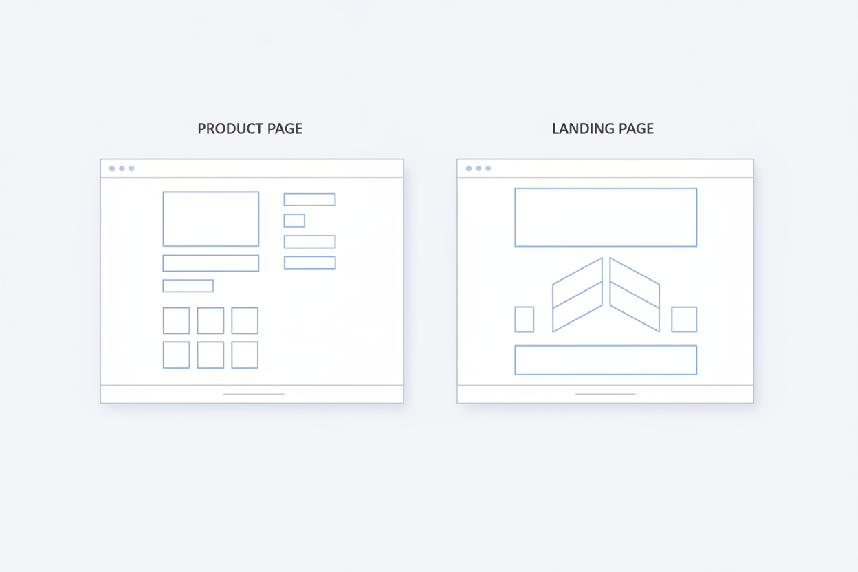 Decision tree showing when to use product pages vs landing pages for different ad types