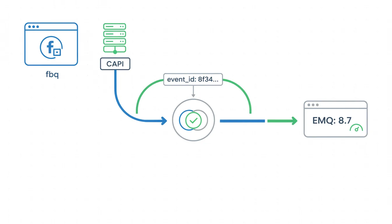 Dual-path event flow: Meta Pixel and Conversions API both send matched events to Meta Events Manager, deduplicated by shared event_id, resulting in EMQ 8.7